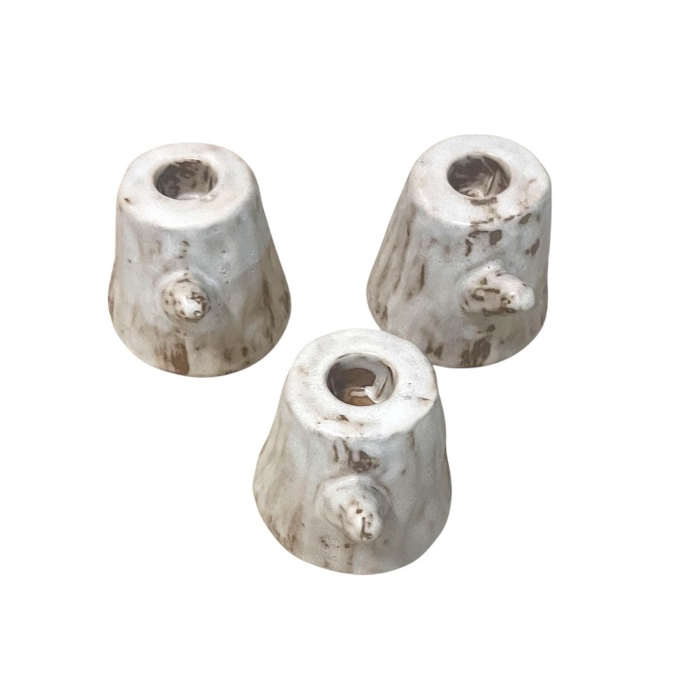 Set Of 3 Gray Glazed Rustic Stoneware‎ Tree Branch Ceramic Candlesticks Holders,